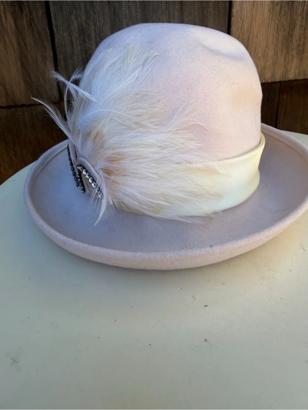 Vintage Mr Charles wool bowler brim hat cream color feathers rhinestones Sz 21”